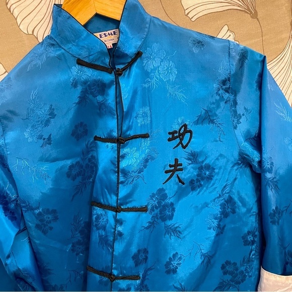 Chinese Tang Suit Jacket Shirt Blue White - Picture 2 of 9